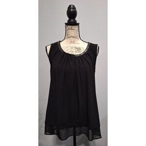NWT Alfani Black Sleeveless Chiffon Top W/ Pleated Front & Embellished Neckline/